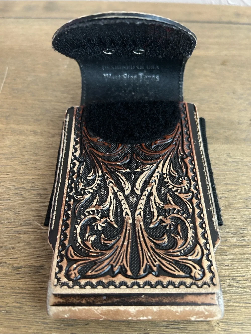 Texas Western Handcrafted Basketweave Tooled Leather Phone Holster Brown & Black